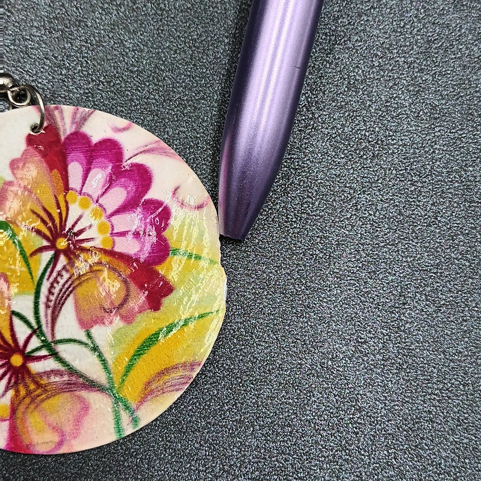 Pierced Earrings Painted Shell Round Multicolor Flower Silver tone Dangle 2"