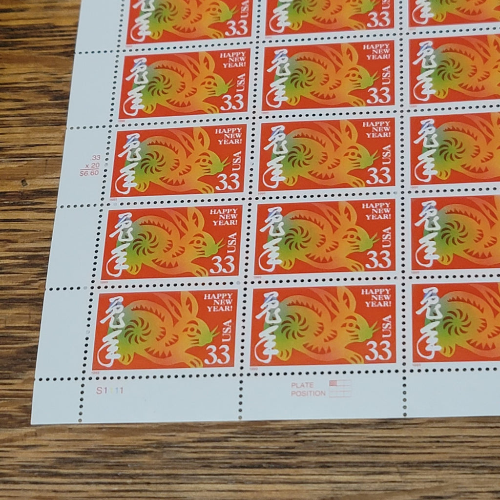 HAPPY NEW YEARS Lunar The Rabbit 20 Stamp 33c Stamp Souvenir Sheet 1999 USPS