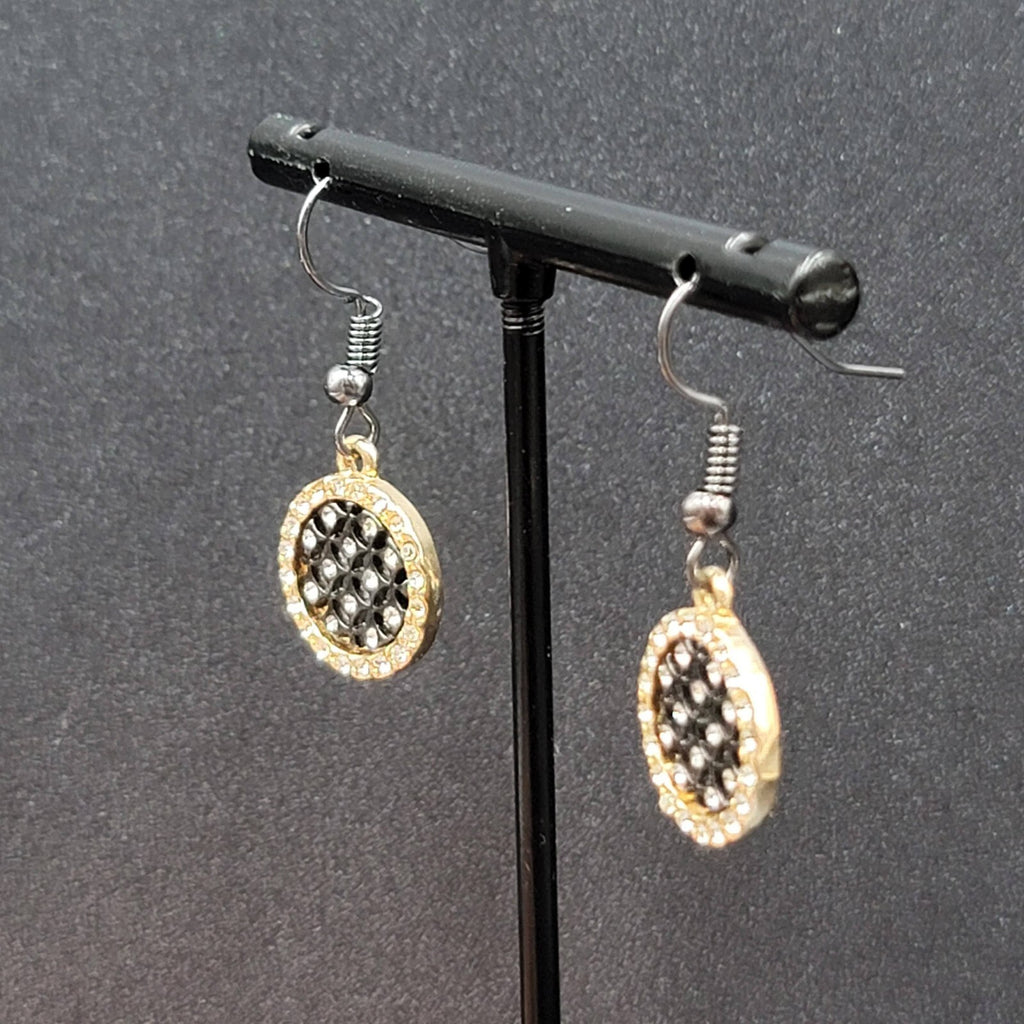 Pierced Earrings Black Metal Gold tone Crystal Round Open Work Dangle 5/8"