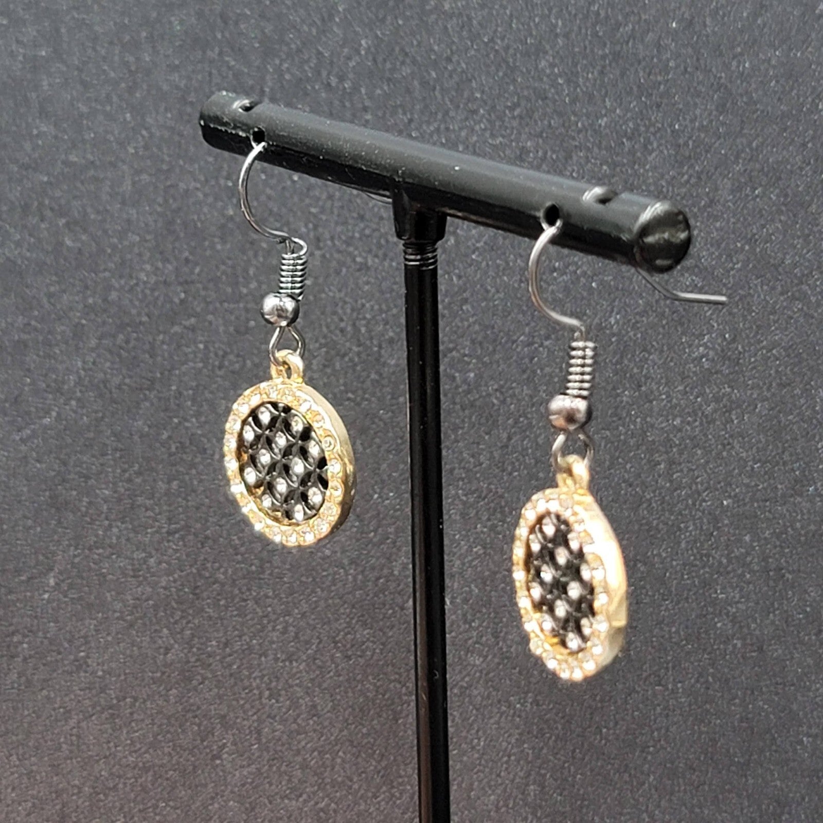 Pierced Earrings Black Metal Gold tone Crystal Round Open Work Dangle 5/8"