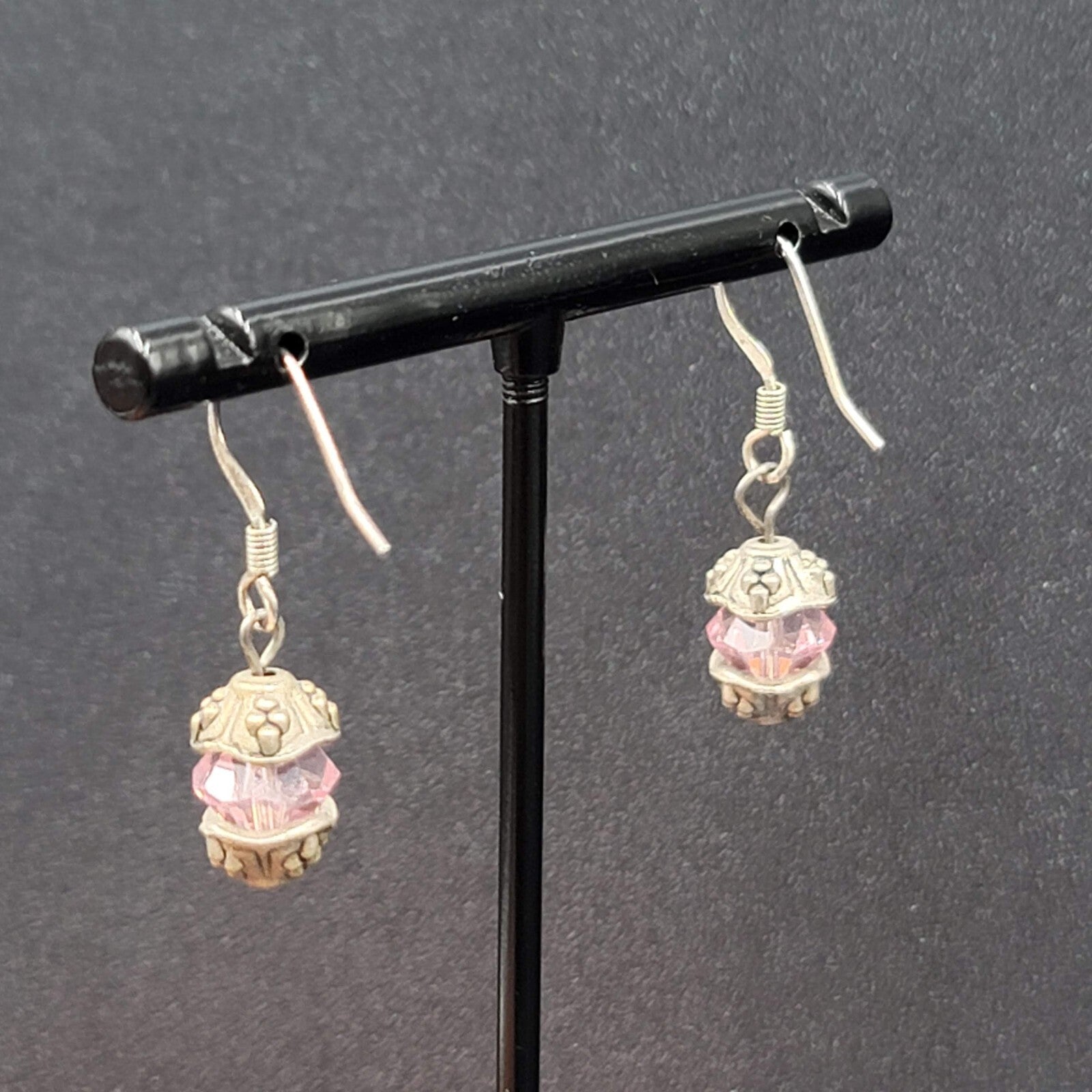Pierced Earrings Silver tone Pink Crystal Bead Dangle 5/8"