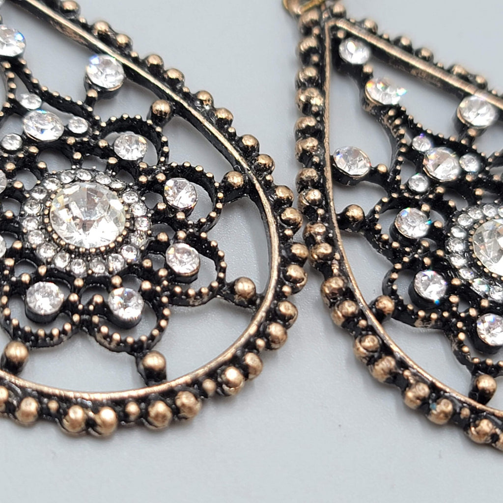 Teardrop Pierced Earrings Bronze tone Rhinestone Dangle 2"