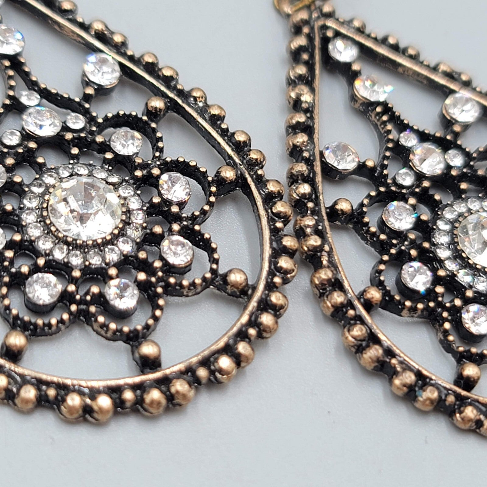 Teardrop Pierced Earrings Bronze tone Rhinestone Dangle 2"