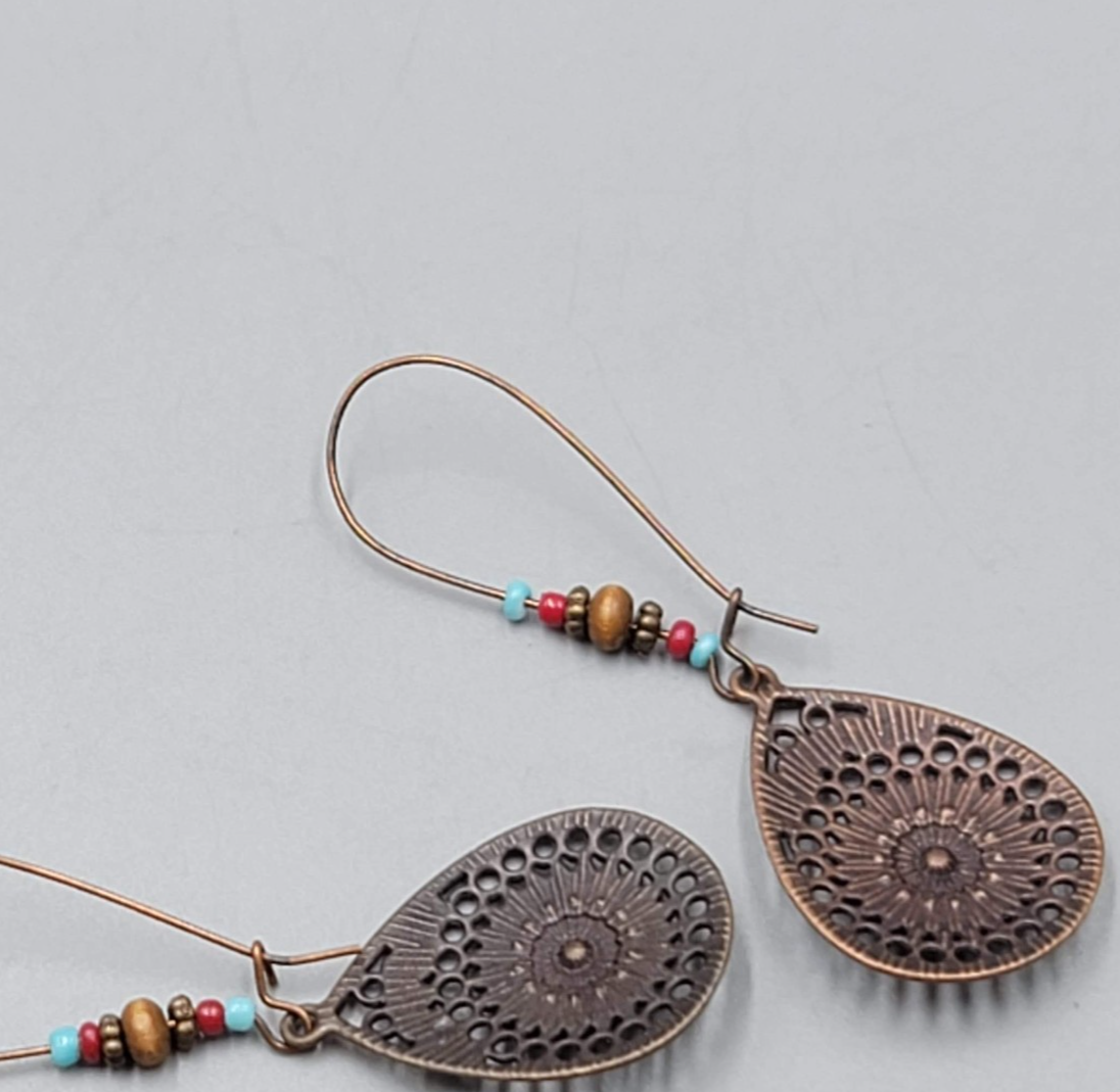 Boho Teardrop Medallion Pierced Earrings Bronze tone Dangle 2.75 in
