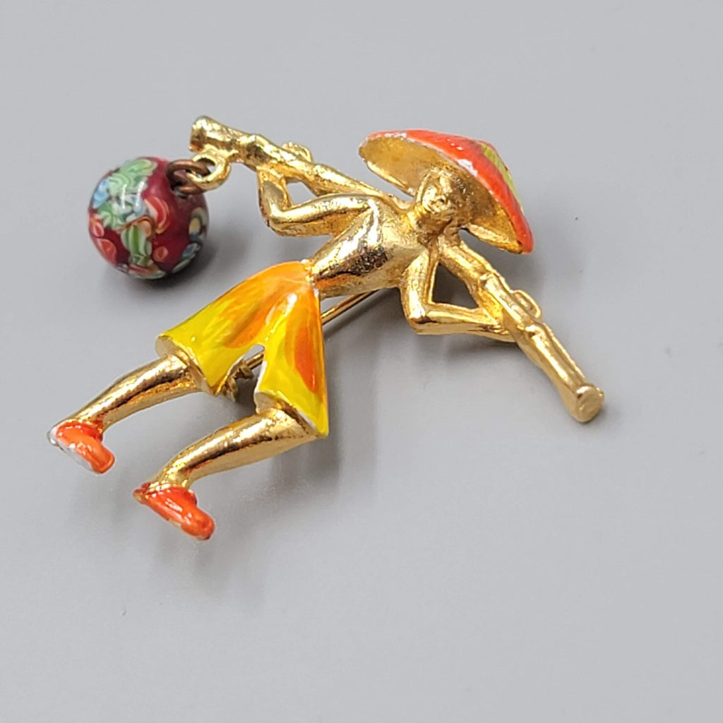 Vintage Asian Water Carrier Brooch Gold tone Enamel Flower Bead 1.5"