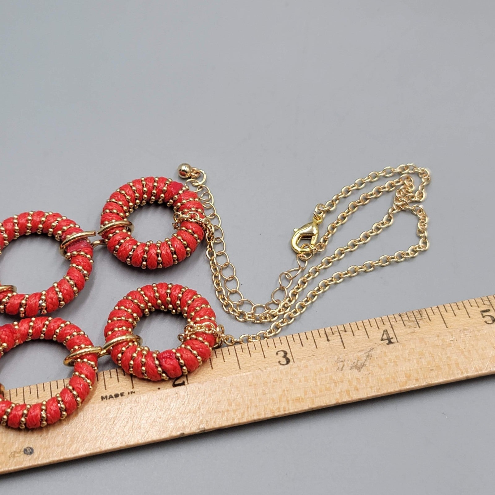 Red Cord Wrapped Rings Necklace Gold tone Chain 16"- 18"