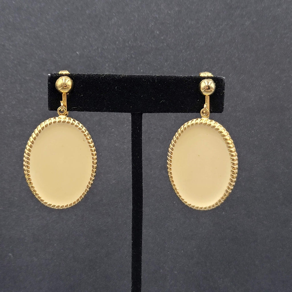 Vintage Clip on Earrings Gold tone Cream White Enamel Oval Dangle 1.5"