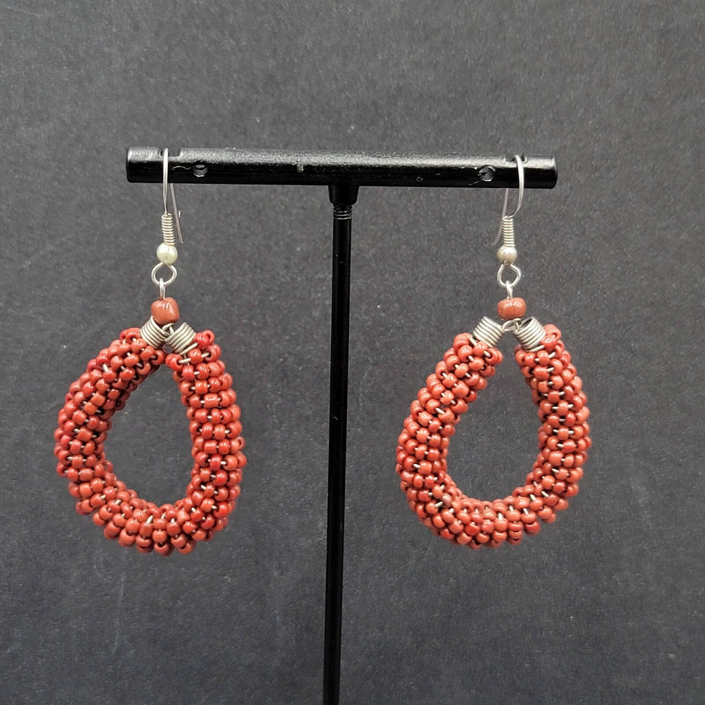 Pierced Earrings Brown Seed Bead Teardrop Hoops Dangle Silver tone 1.5"