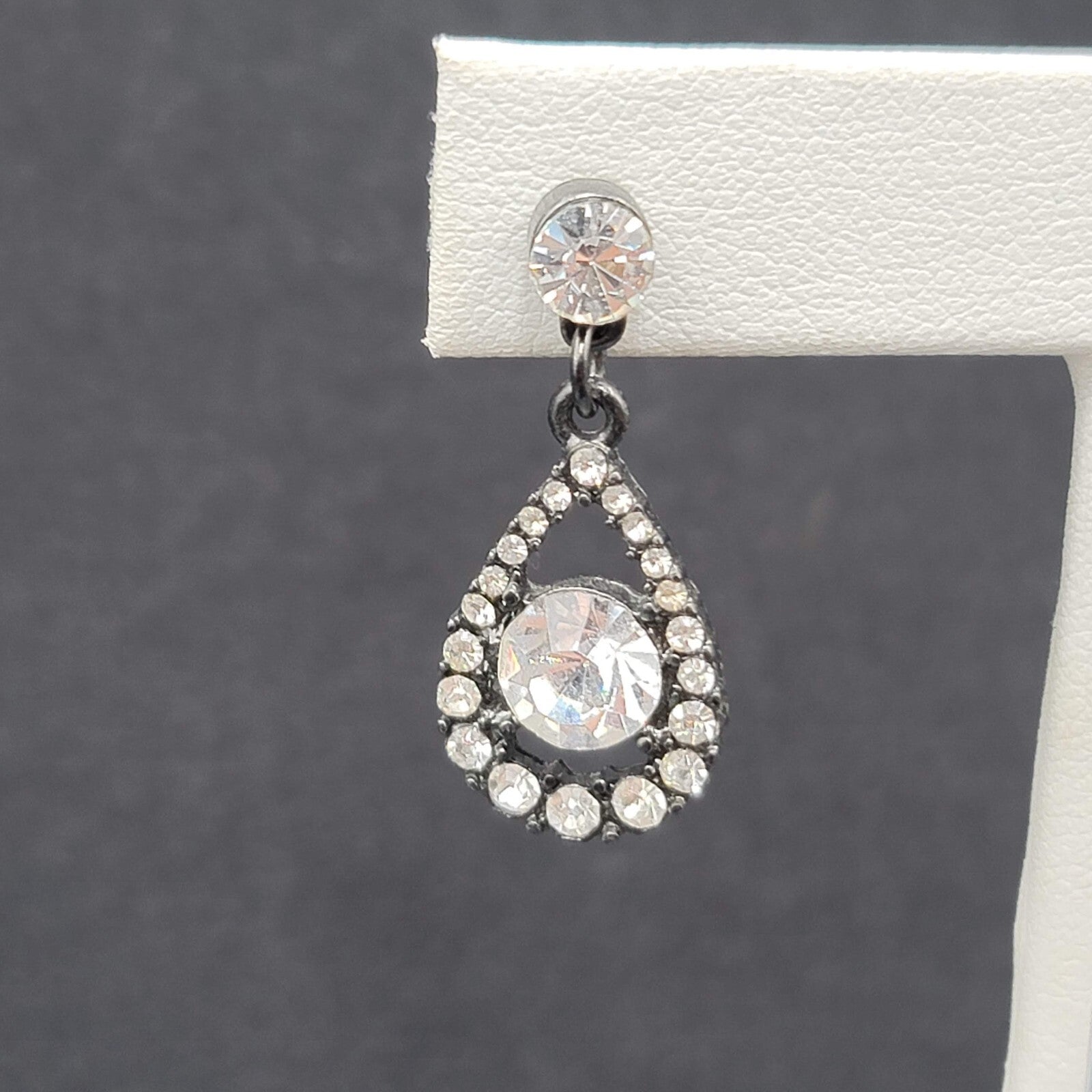 Pierced Earrings Black Metal Clear Rhinestone Teardrop Dangle 1.25"