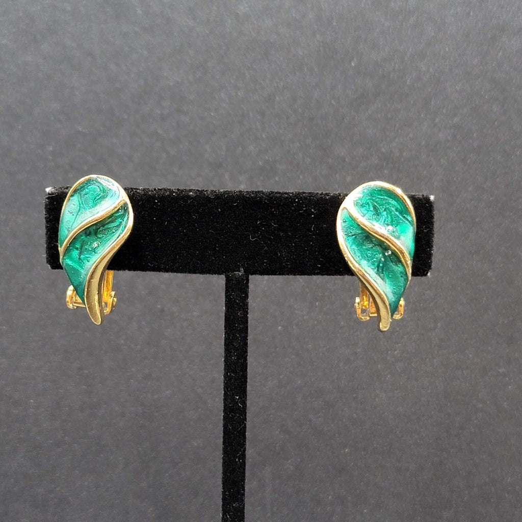 Vintage Clip on Earrings Gold tone Emerald Green Swirl Enamel Climbers 1"