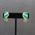 Vintage Clip on Earrings Gold tone Emerald Green Swirl Enamel Climbers 1"