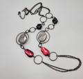 NY Necklace Black Metal Red Gray Bead Statement Long 36"+