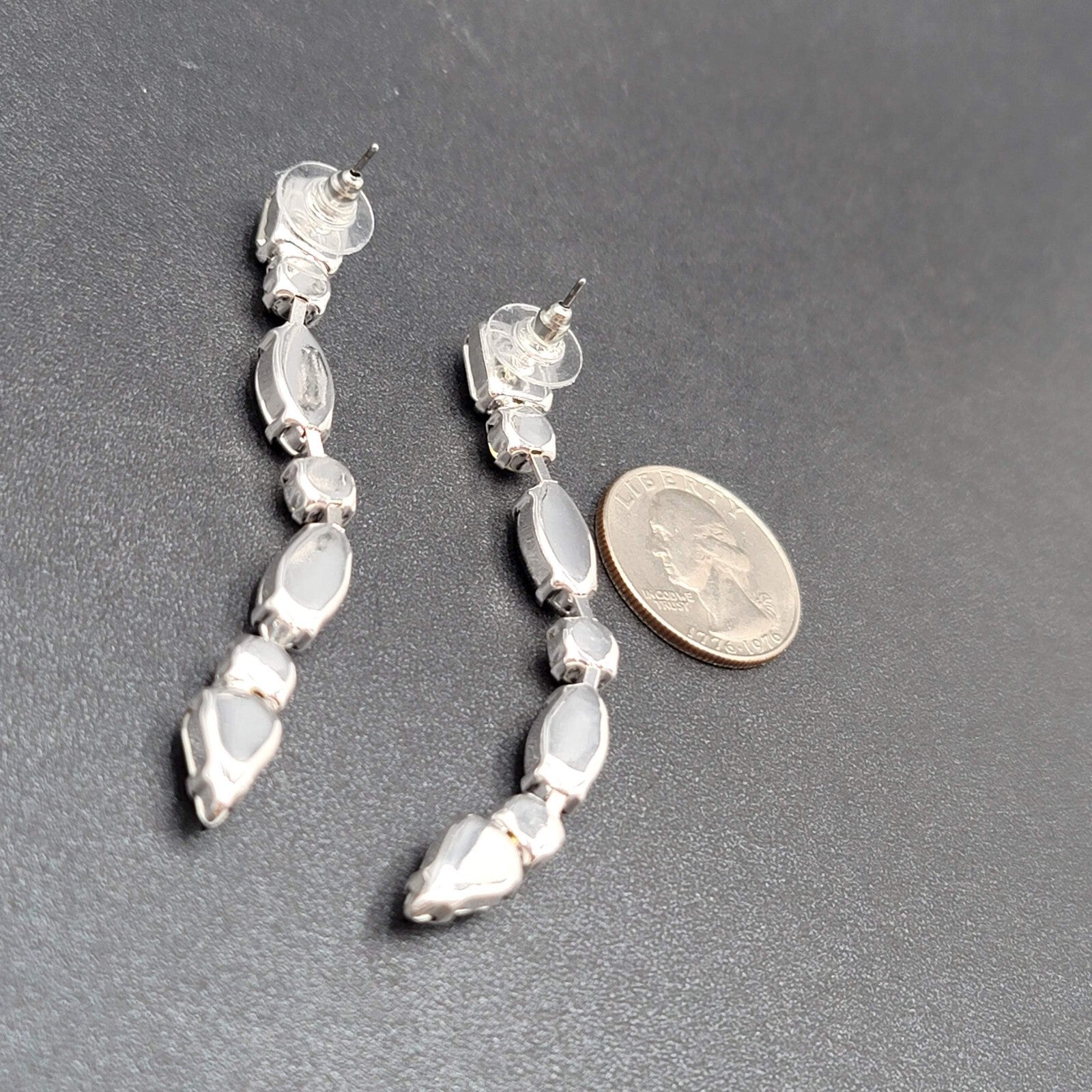 Pierced Earrings Silver tone Acrylic Black Prong Set Dangle 3"