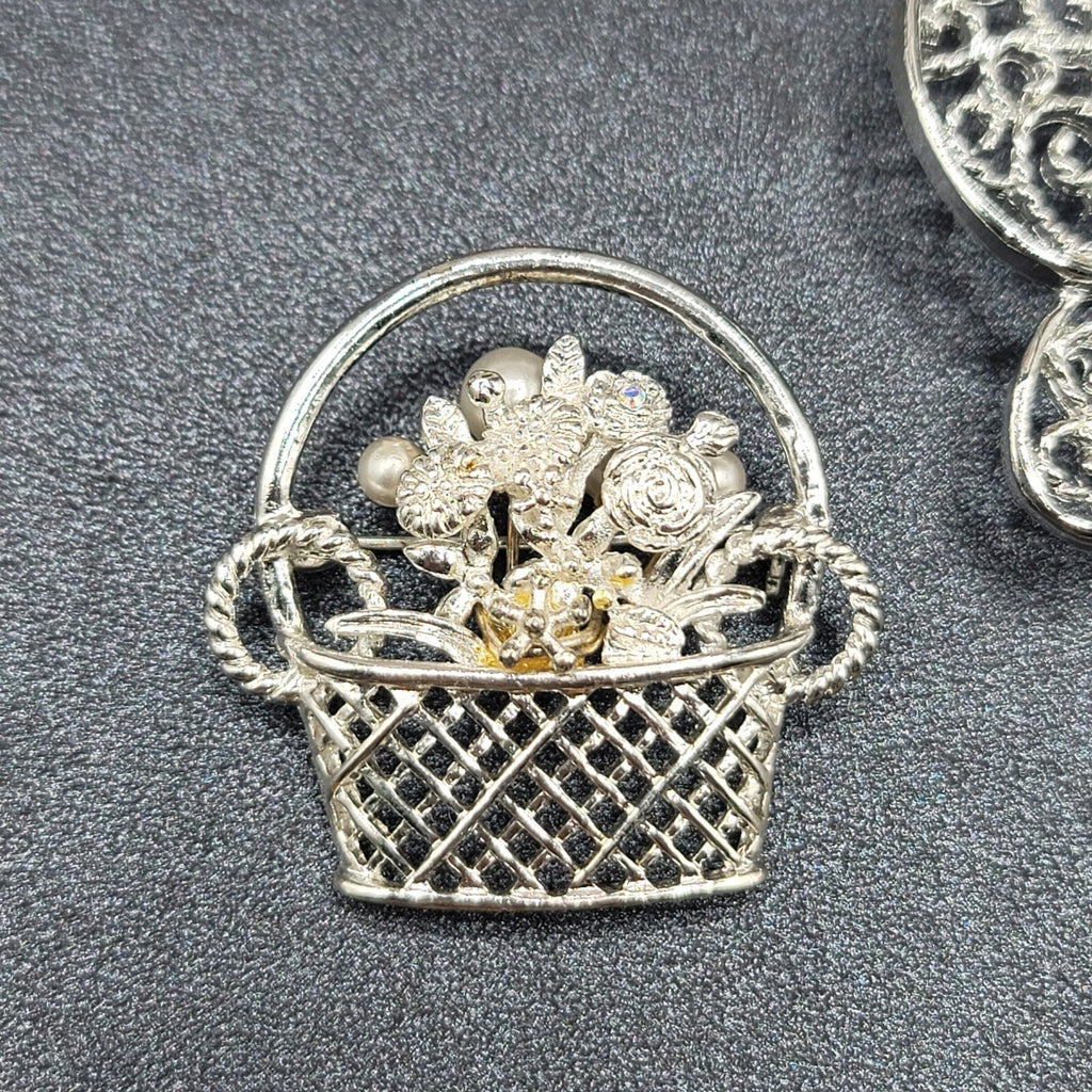 Vintage Brooch Lot of 2 Silver tone Basket of Flowers Filigree Butterfly