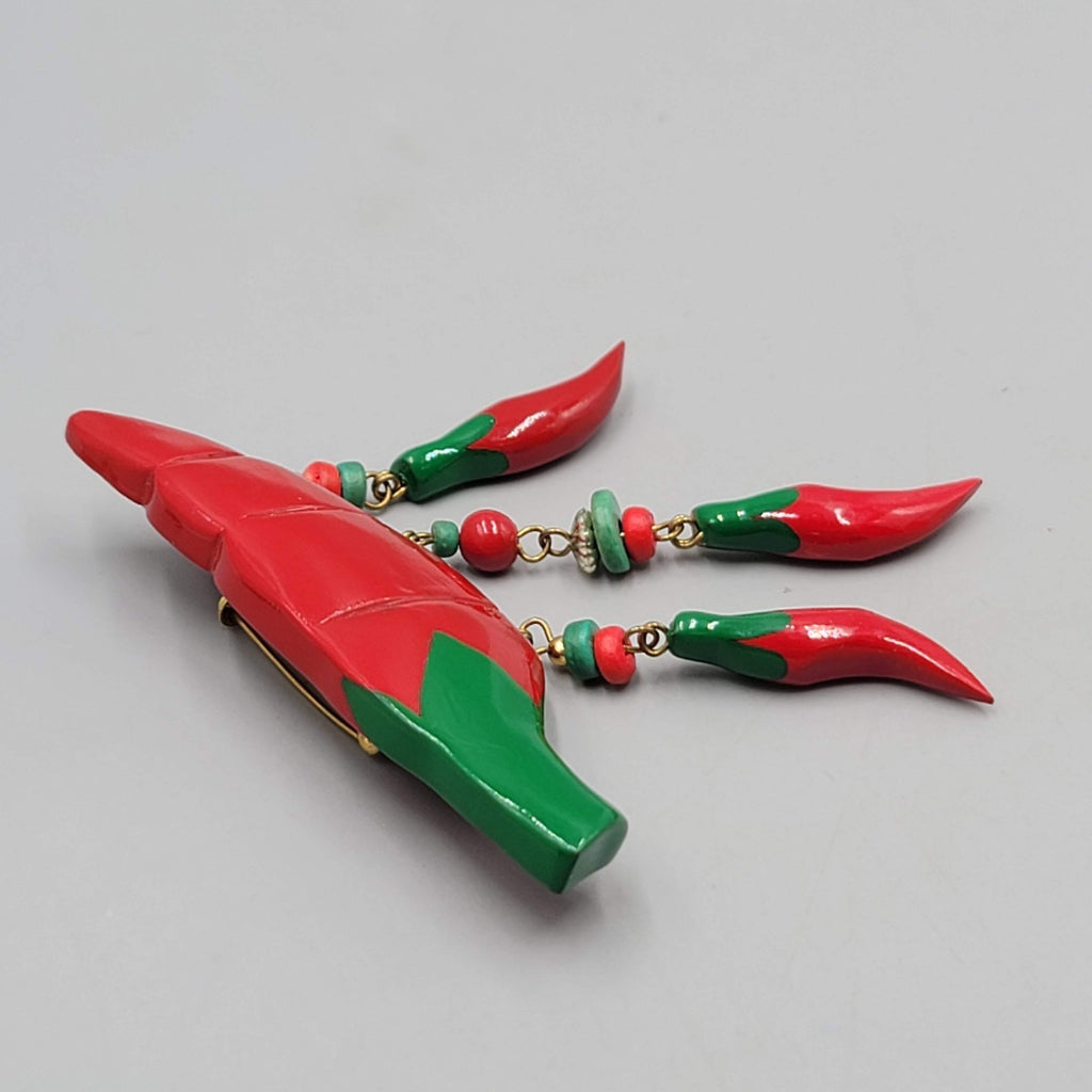 Vintage Red Chili Pepper Brooch Hand Painted Wood Statement 3"