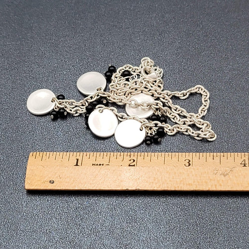 Black Bead Necklace Silver tone Hammered Discs Chain 16"-18"
