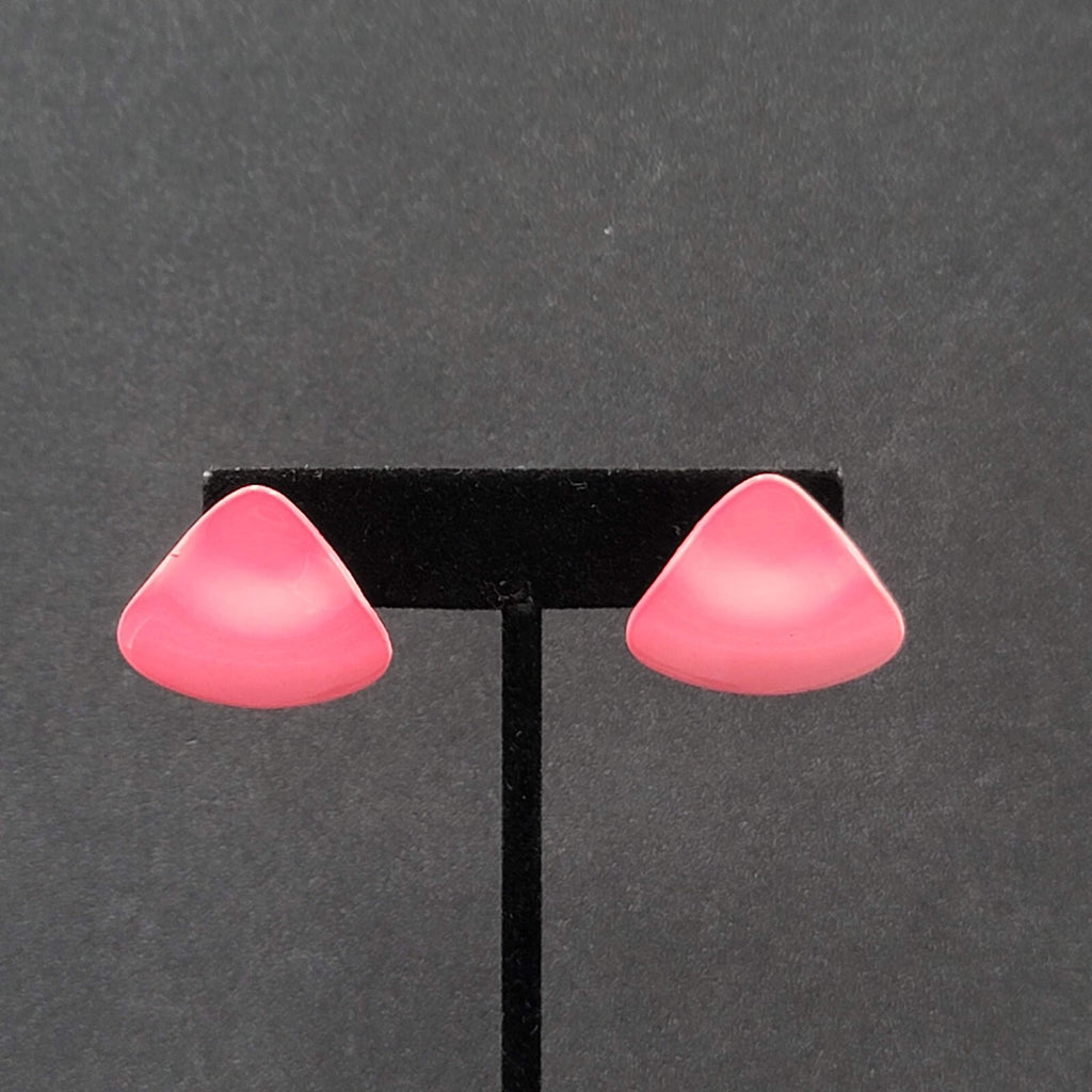Vintage Pierced Earrings Pink Enamel Triangle Drop 1"