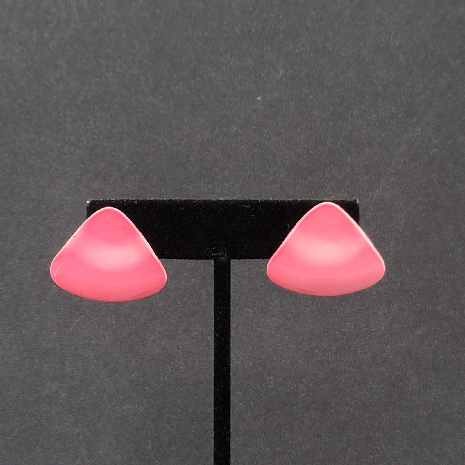 Vintage Pierced Earrings Pink Enamel Triangle Drop 1"