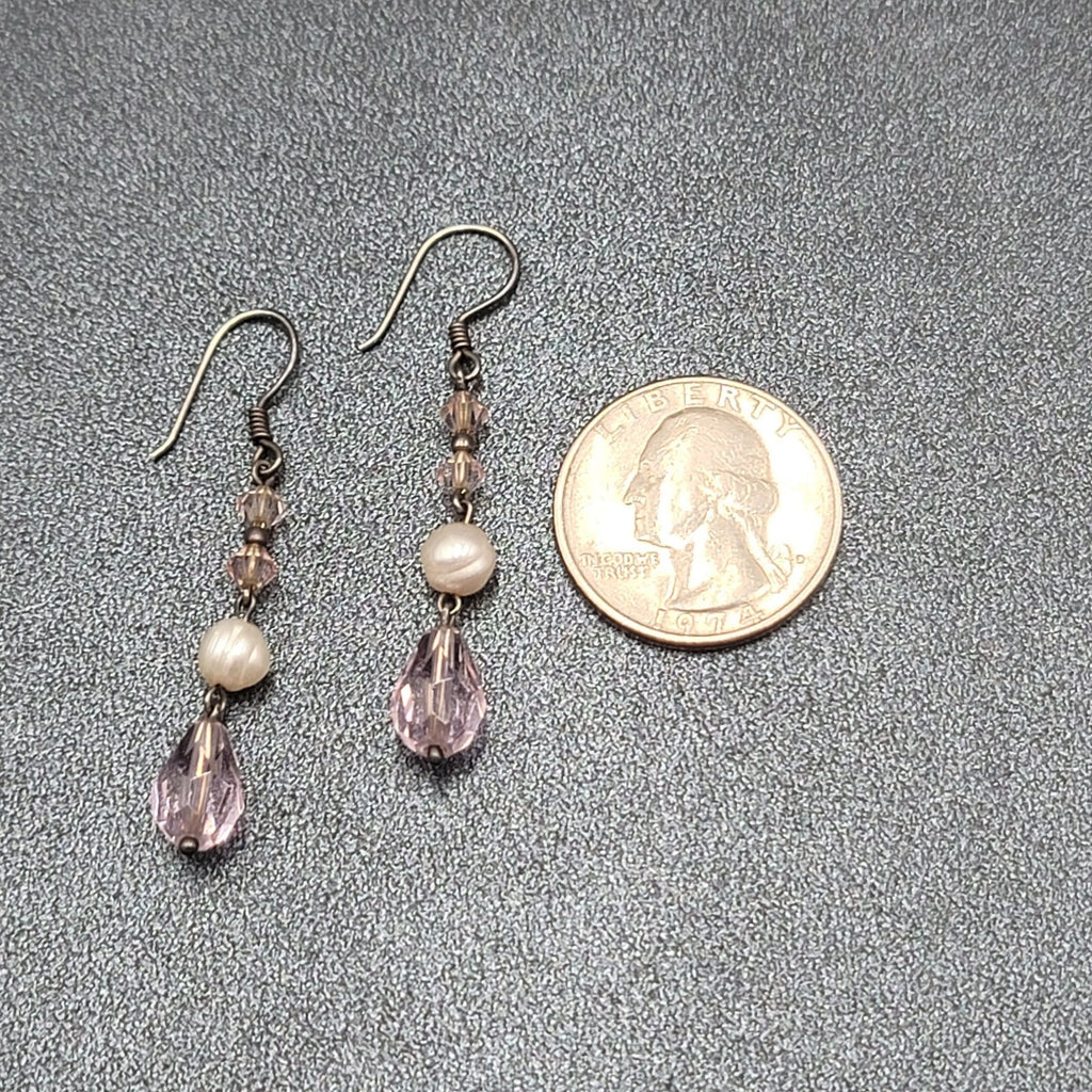 Pierced Earrings Silver tone Pink Crystal Teardrop Bead Pearl Bead 1 3/8"
