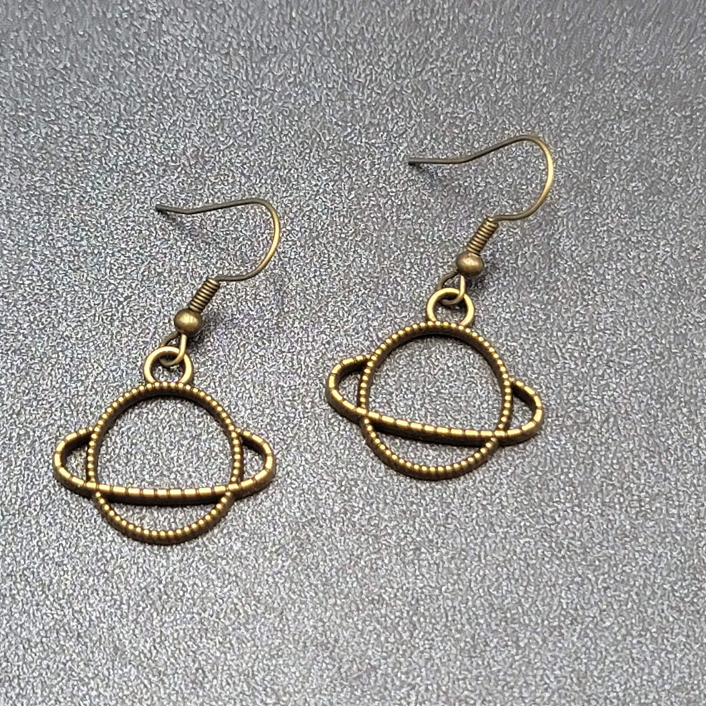 New Saturn Planet Pierced Earrings Bronze tone Dangle 3/4"