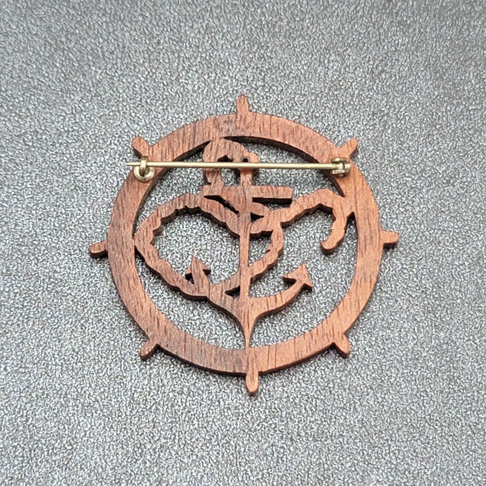 Vintage Brooch Wood Scroll Work Anchor Nautical Estate Jewelry 1.75"