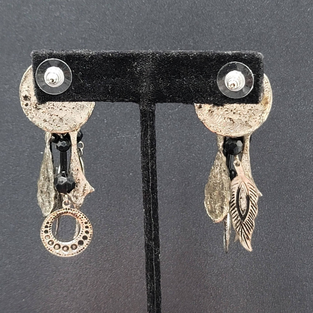 Boho Pierced Earrings Silver tone Black Beads Dangle Charms 2.25"