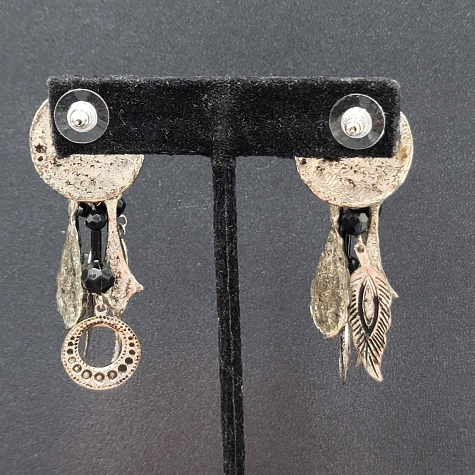 Boho Pierced Earrings Silver tone Black Beads Dangle Charms 2.25"