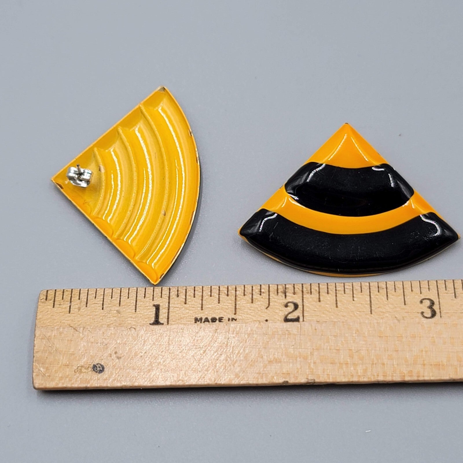 Vintage Pierced Earrings Yellow Black Enamel Triangle Drop Statement 80s 1 1/8"