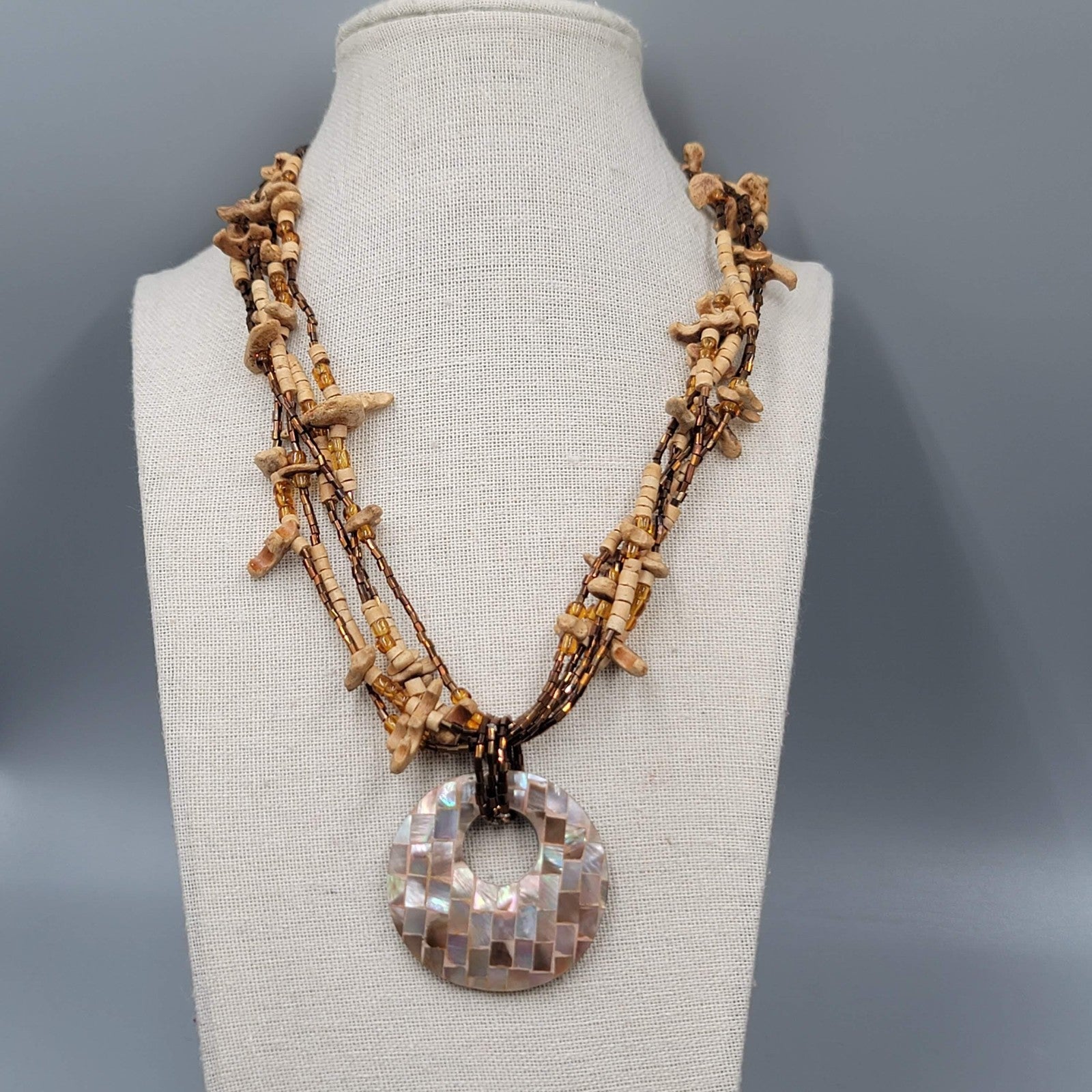 Natural Shell Pendant Multi Strand Necklace Mother of Pearl Wood Beads Boho 18"