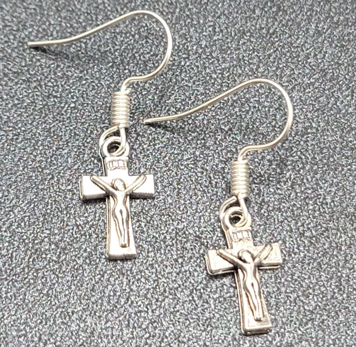 Pierced Earrings Tiny Dainty Crucifix Cross Dangle 5/8"