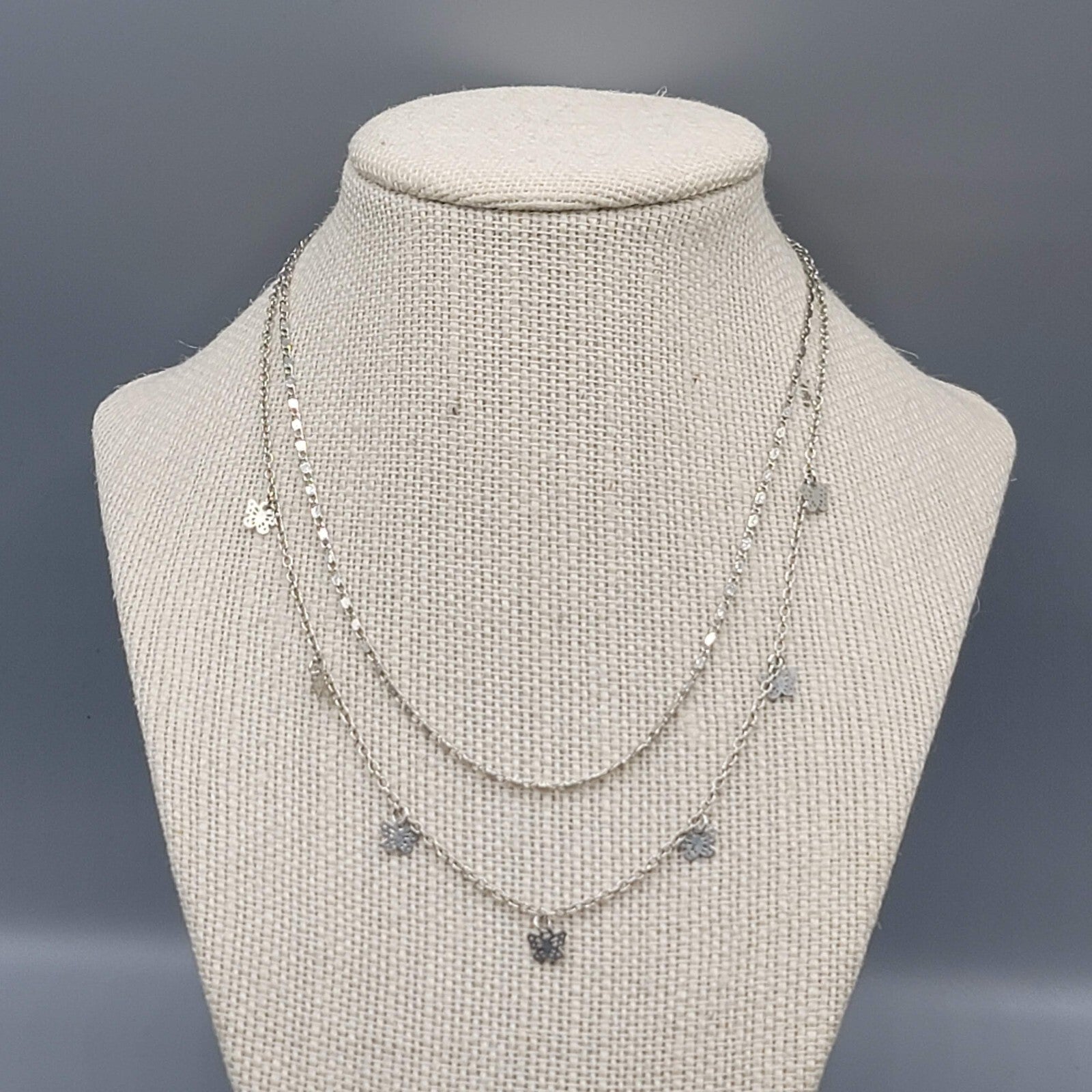Butterfly Necklace 2 Chain Silver tone Scroll Chain Delicate 14" and 17"