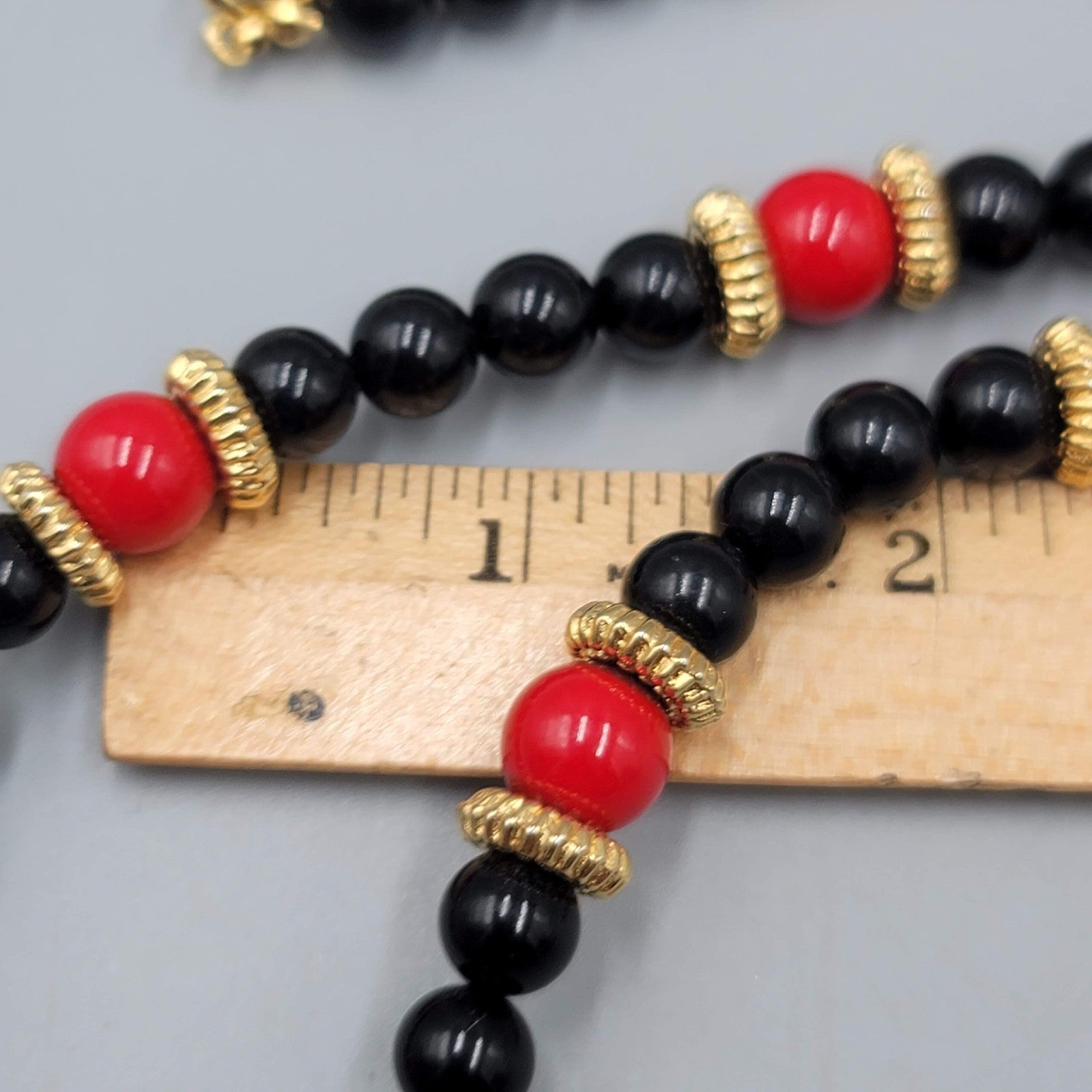 Vintage Black Red Bead Necklace Gold tone 32" Estate Costume Jewelry