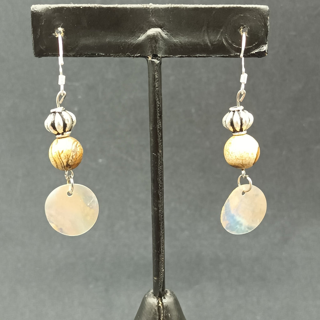 Pierced Earrings Silver tone Beaded Shell Statement Dangle 1 1/2"