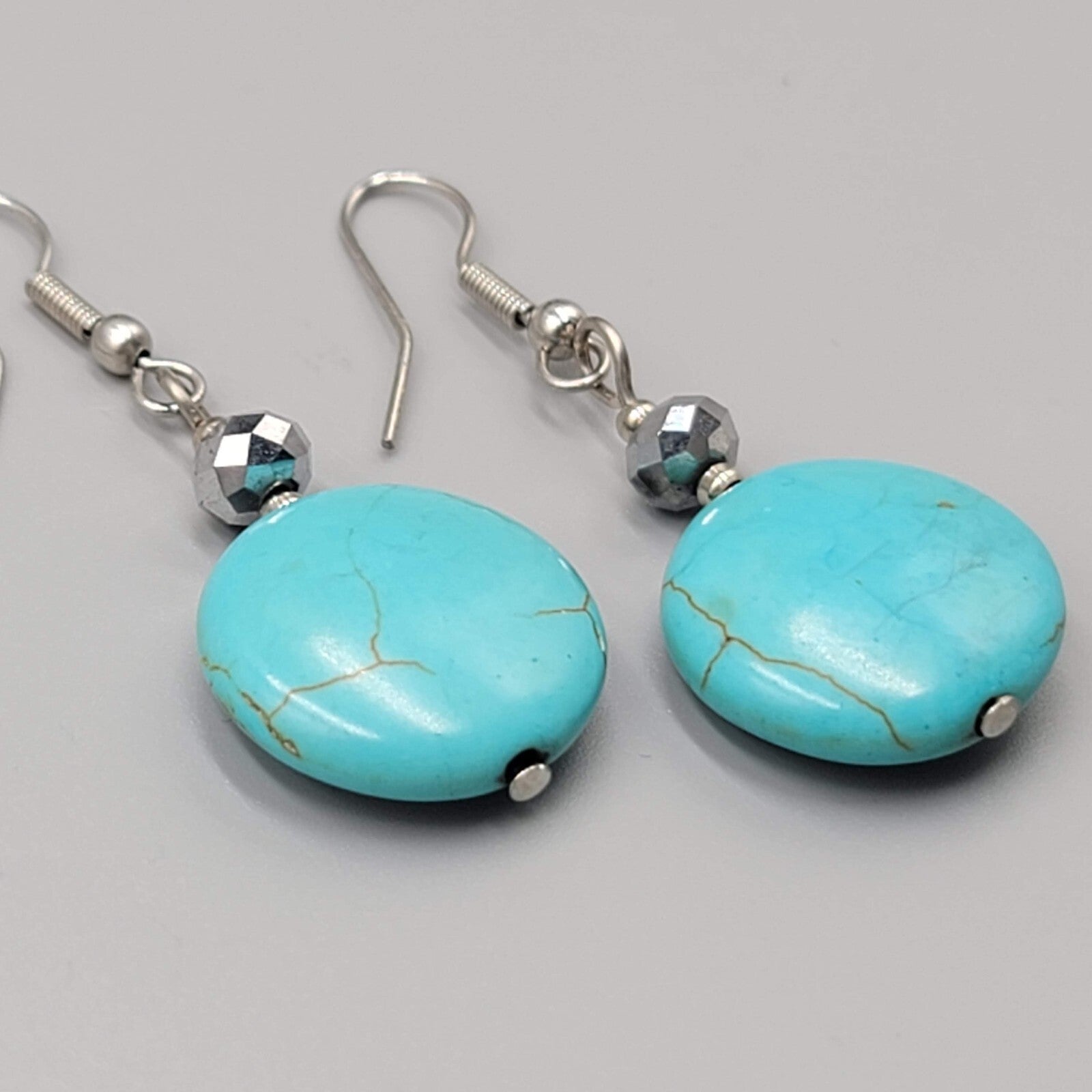Blue Stone Bead Pierced Earrings Black Accent Silver tone Hook Dangle 1.25"