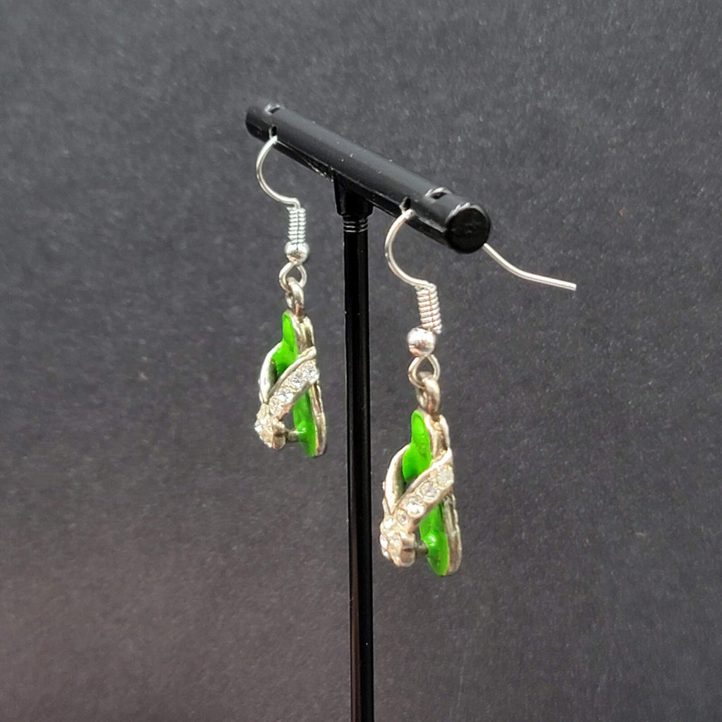 Pierced Earrings Green Enamel Flip Flop Rhinestone Dangle 1"