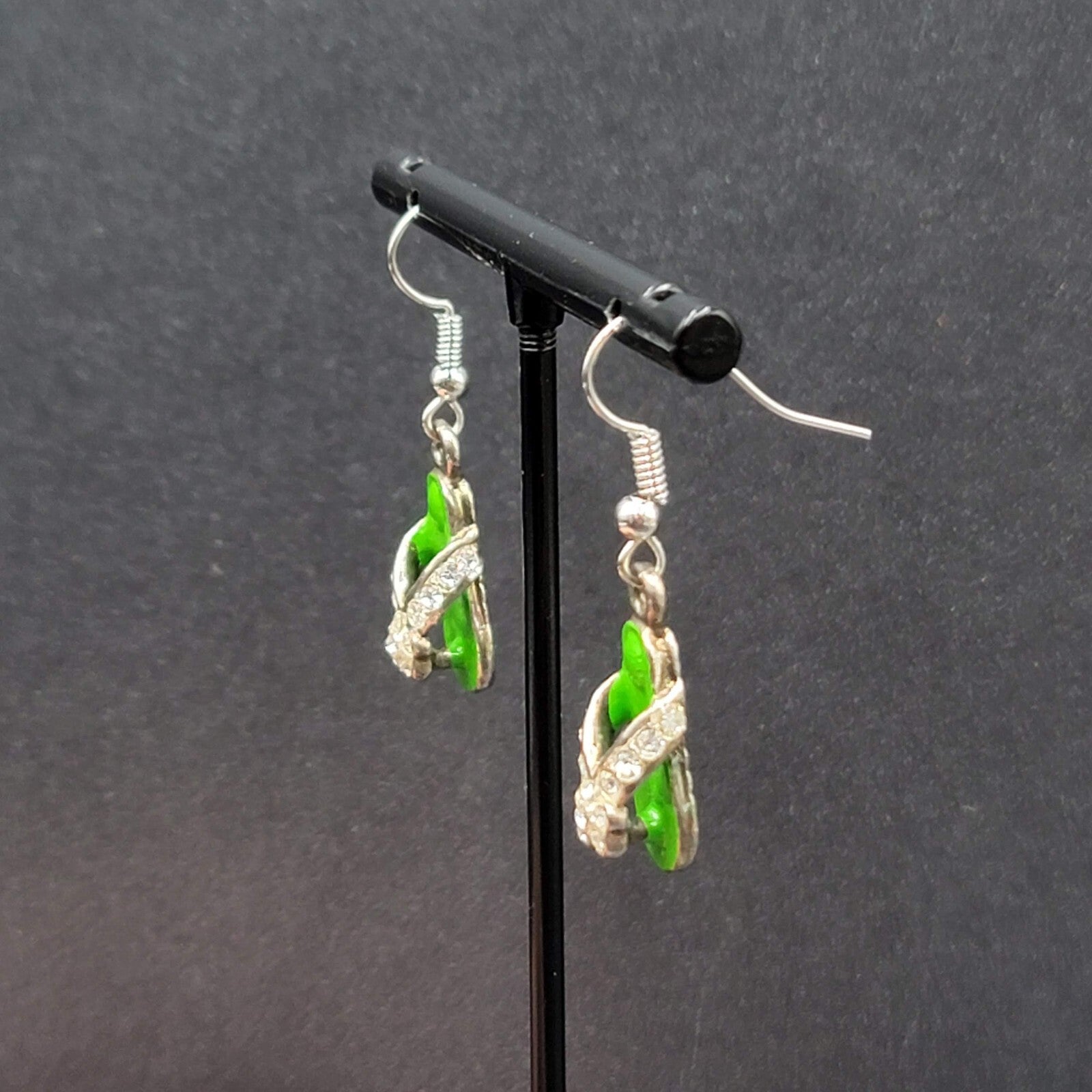 Pierced Earrings Green Enamel Flip Flop Rhinestone Dangle 1"