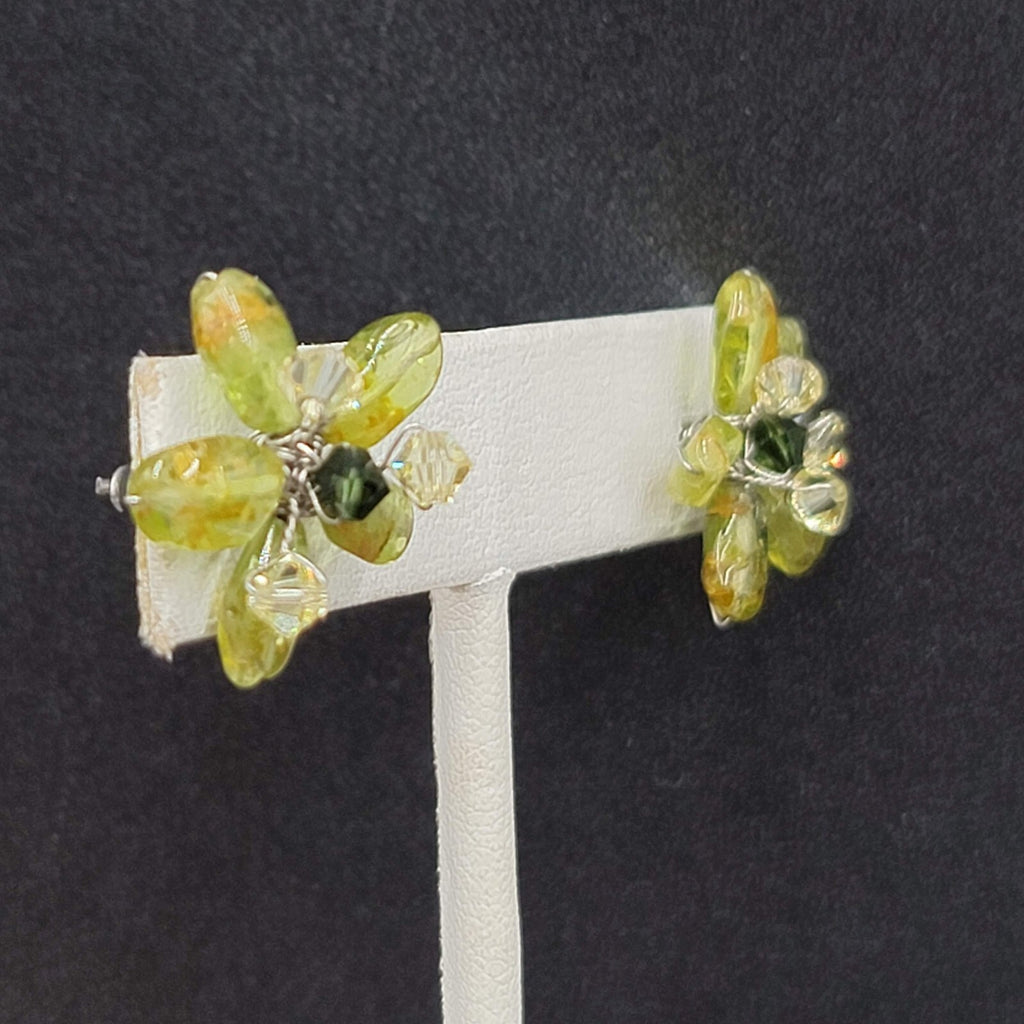 Pierced Earrings Green Stone Artisan Made Flower Studs 3/4"