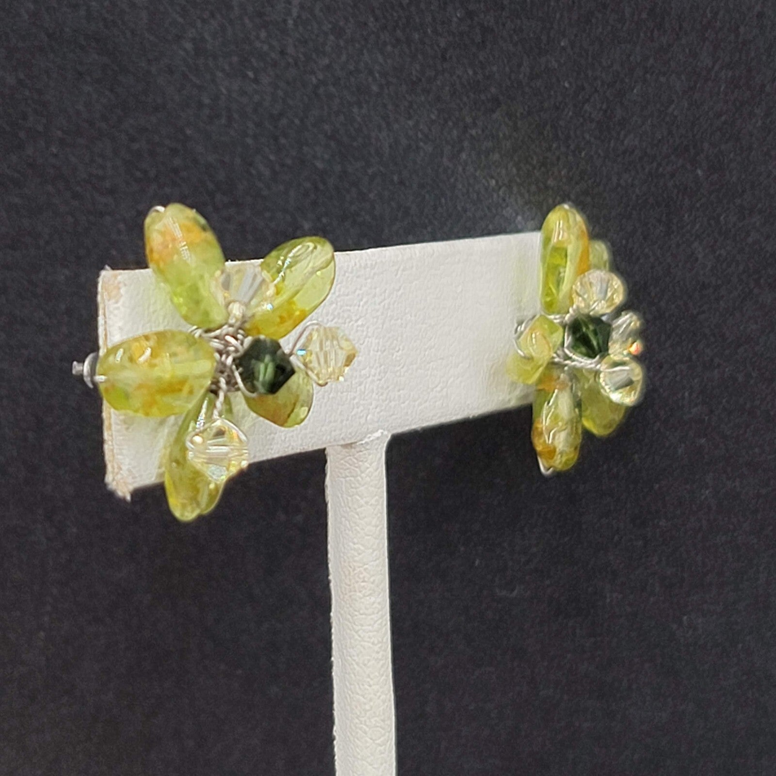 Pierced Earrings Green Stone Artisan Made Flower Studs 3/4"