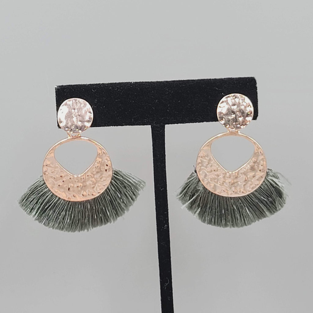 Green Tassel Pierced Earrings Rose Gold tone Dangle 1.75"