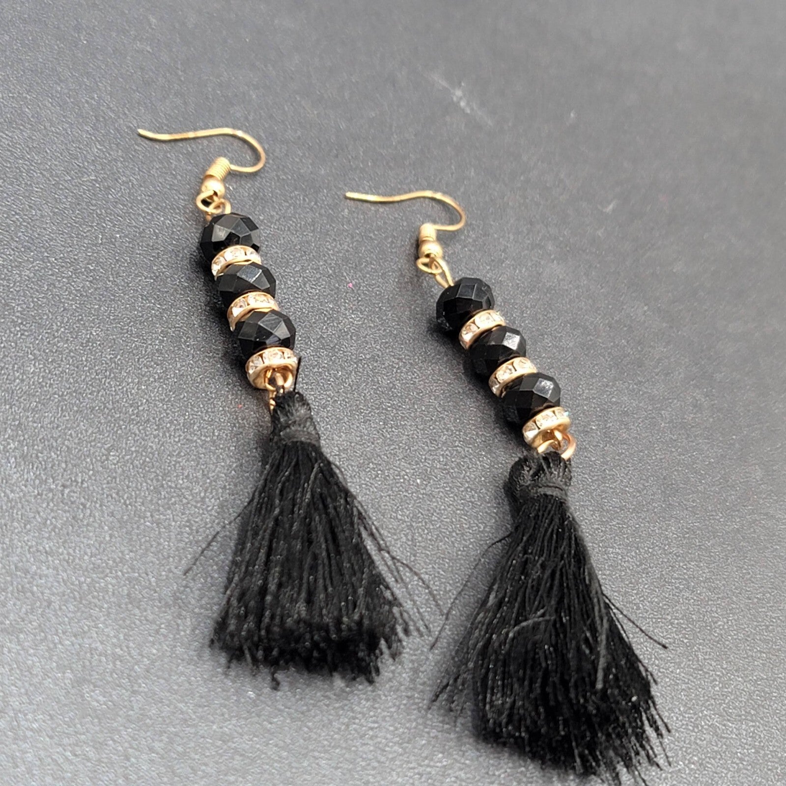 Black Tassel Pierced Earrings Gold tone Rhinestone Beads 3"