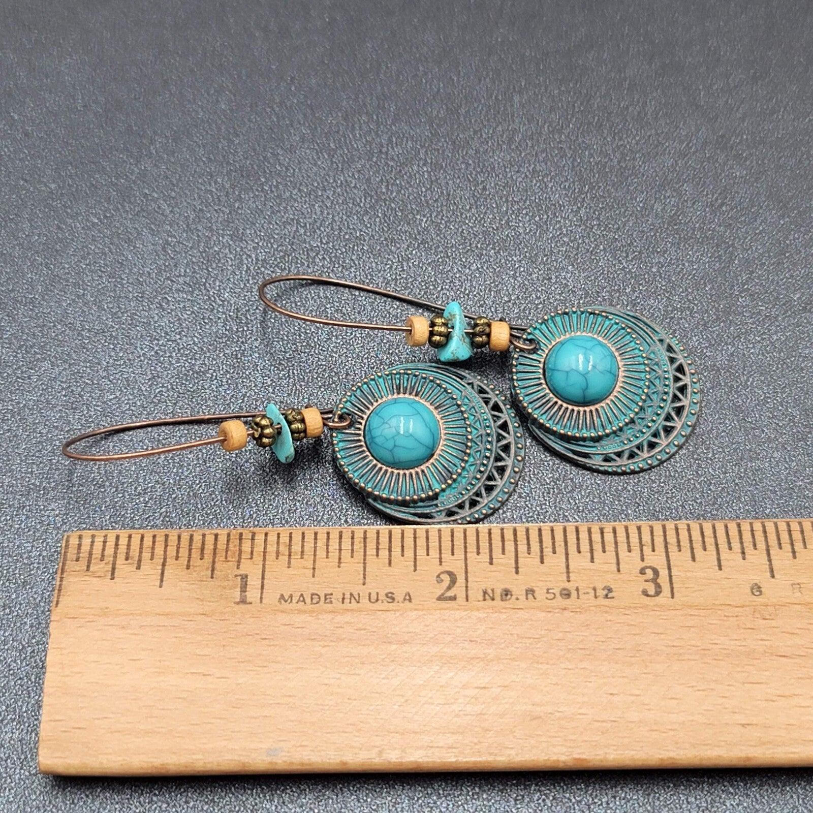 Boho Pierced Earrings Copper tone Faux Turquoise Dangle 2.25"