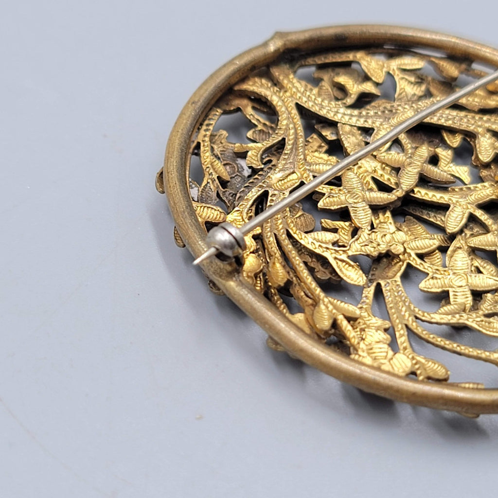 Vintage Antique Filigree Flower Brooch Gold tone 2.25 in