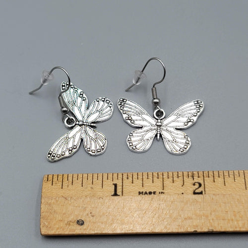 Butterfly Pierced Earrings Silver tone Embossed Dangle 3/4"