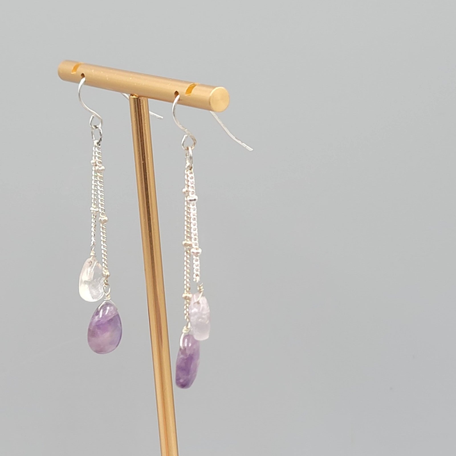 Quartz Amethyst Teardrop Pierced Earrings Silver tone Dangle  2 in