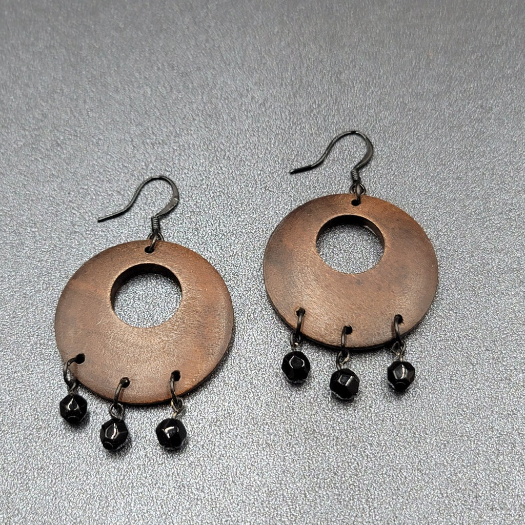 Pierced Earrings Black Metal Round Wood Black Beads Dangle 1.75"