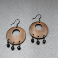 Pierced Earrings Black Metal Round Wood Black Beads Dangle 1.75"