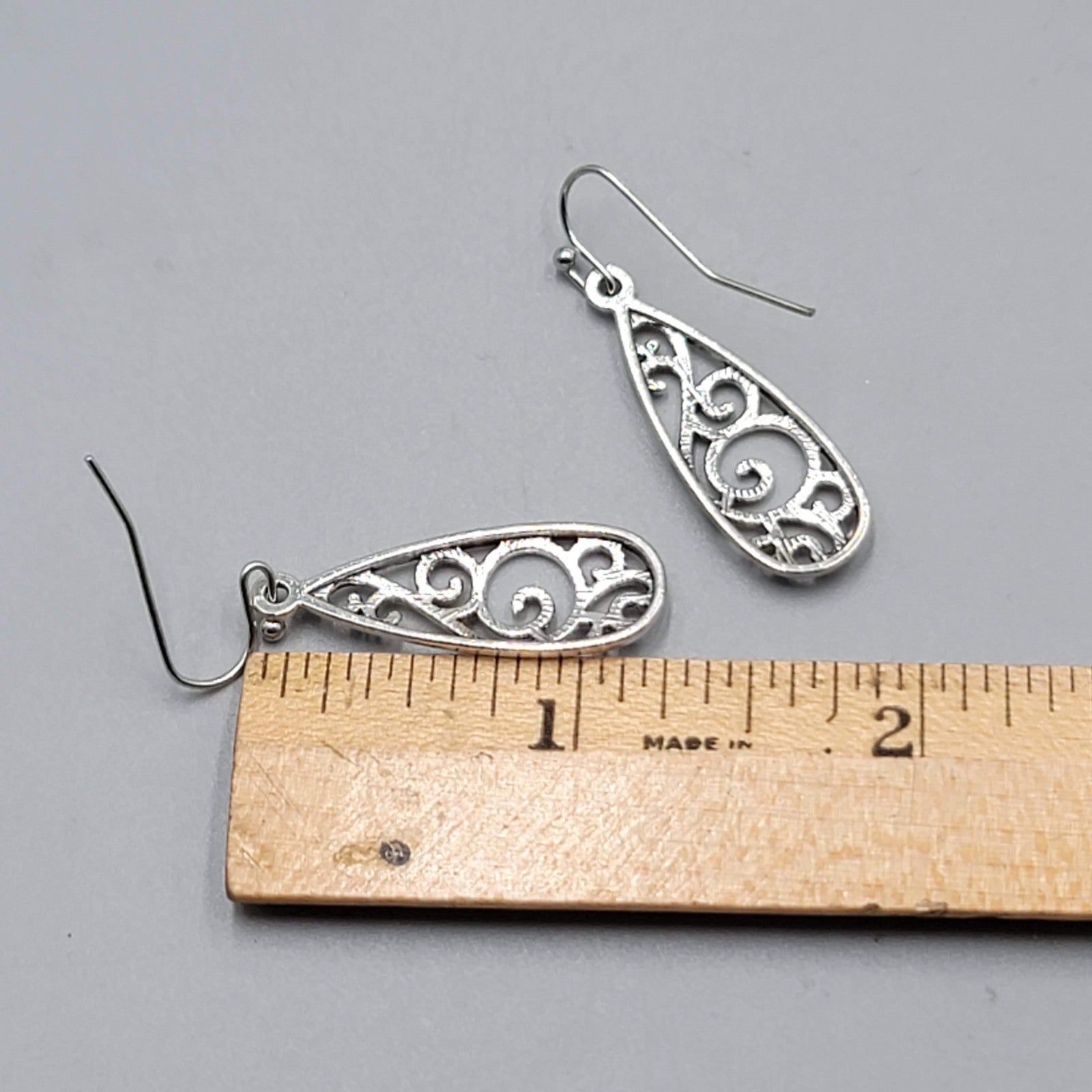 Open Filigree Long Teardrop Pierced Earrings Silver tone Dangle   1.25"
