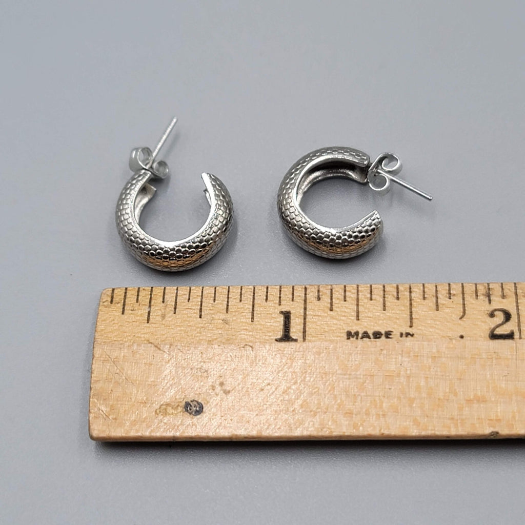 Small Hoop Pierced Earrings Silver tone Textured Hoops 1/2"