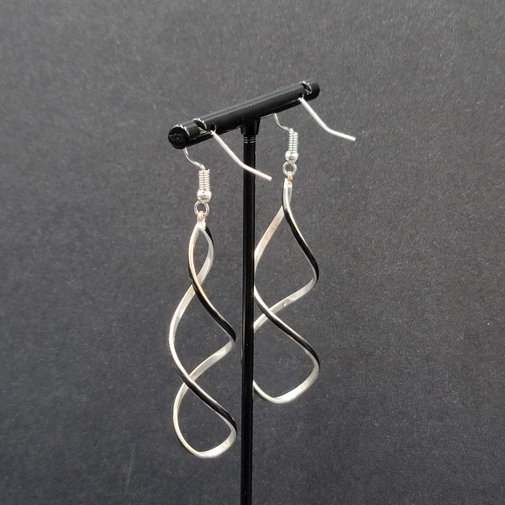 Pierced Earrings Silver tone Twist Black Enamel Long Dangle 2.25"