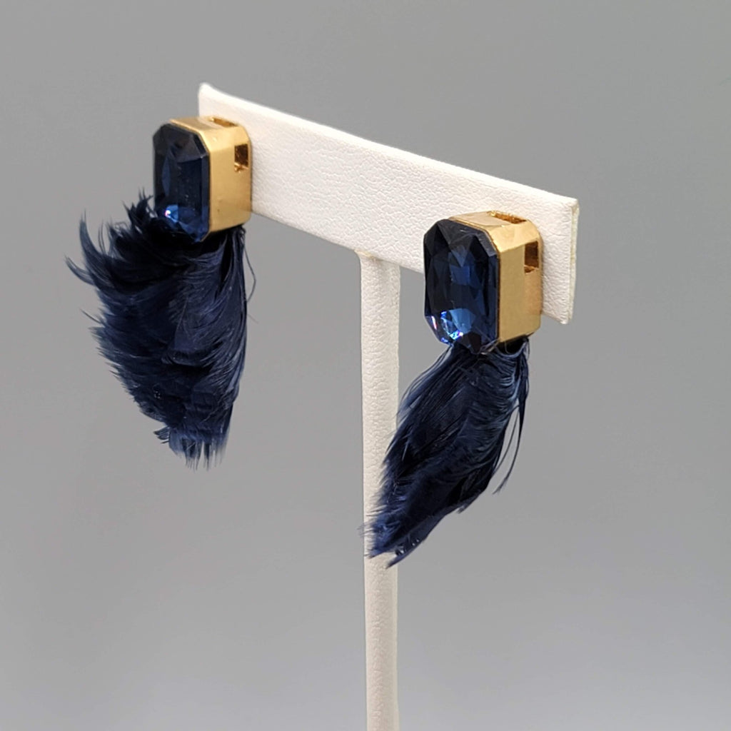 Real Feather Dark Blue Rhinestone Pierced Earrings Drop 1.5 in